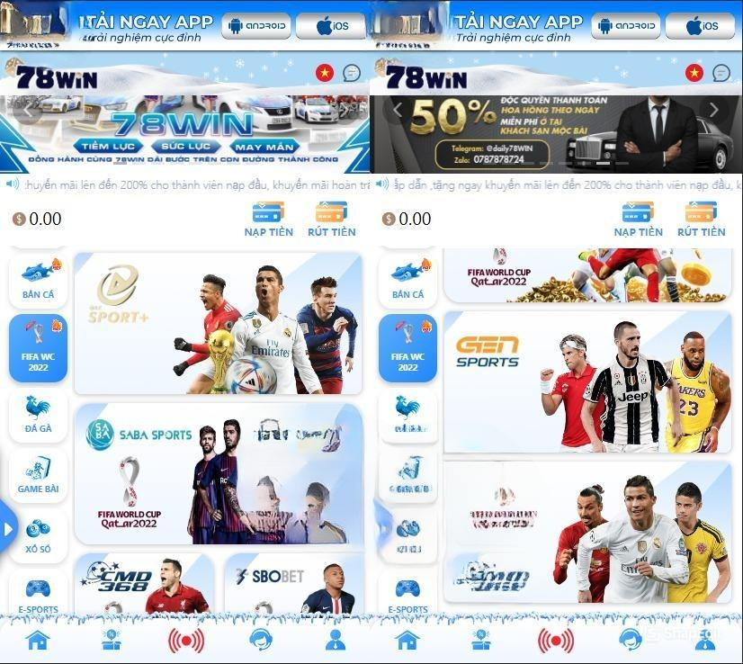 Giao diện cá độ bóng đá 78WIN trên điện thoại di động