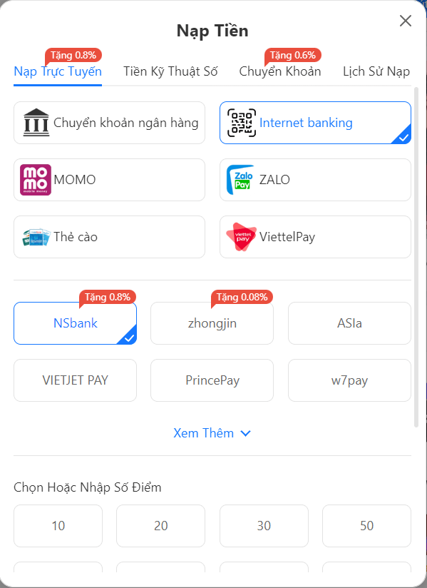 Nạp tiền qua internet banking