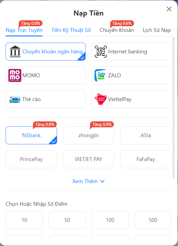 Cách nạp tiền qua chuyển khoản online