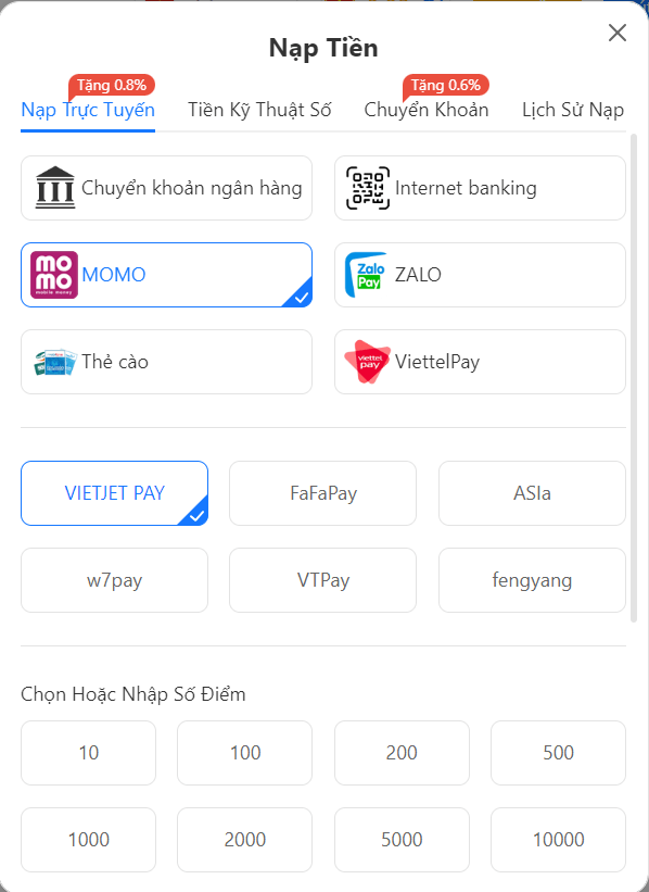 Hướng dẫn nạp tiền qua ví Momo