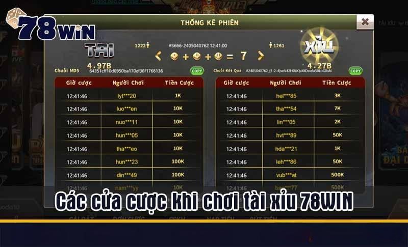 Các cửa cược khi chơi tài xỉu 78WIN
