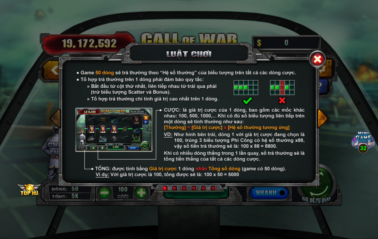 Các biểu tượng trong game bài Call of war tương ứng với mức trả thưởng khác nhau